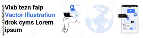 Digital communication, online learning, virtual collaboration, global connection, social media interaction, tech innovation. Person on laptop, smartphone UI globe element. Digital communication