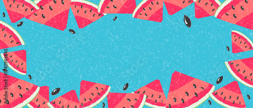 Watermelon banner horizontal. Flat vector illustration of fresh fruit slices with seeds on blue textured background. Border frame for summer food menu or social media header.