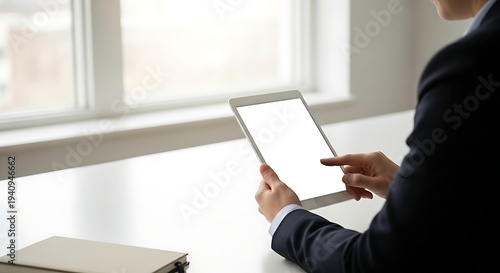 Close-up of a business professional in a suit using a digital tablet with a blank white screen, possibly for work or personal use