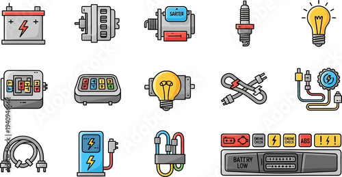 A collection of colorful icons representing various automotive electrical components and car parts.