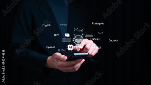 Businessman use smartphone with AI chatbot interface and multilingual language, artificial intelligence translation, global communication, customer support automation and digital assistant technology.