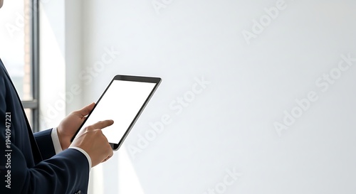 Businessman in a suit interacting with a tablet with a blank white screen, suitable for technology or business concepts