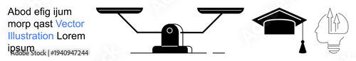 Education, equality, decision-making, intellectual growth, justice, knowledge. Black balance scale, graduation cap and light bulb with pen. Education and equality concepts