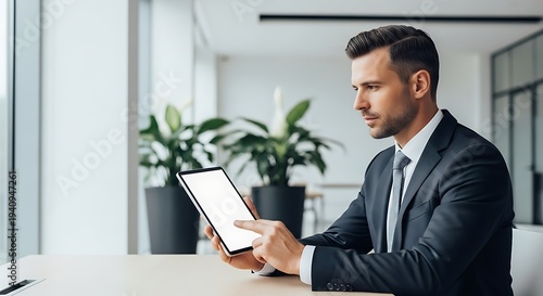 Business professional using a tablet device at a desk in a modern office with large windows and plants