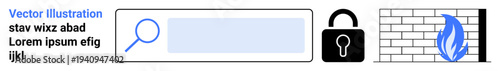 Digital security, data privacy, online protection, safe browsing, network firewalls, cyber defense. Search bar, lock icon firewall. Digital security and data privacy visualization