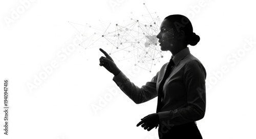 Woman interacting with digital interface and data points.