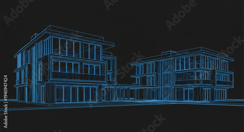 Wireframe architectural model of modern buildings glowing blue.