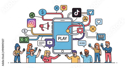 Social media network connection with smartphone and people.