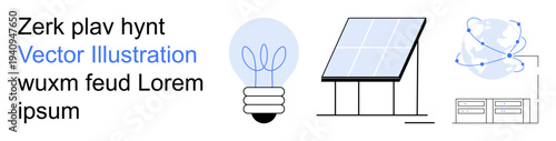 Renewable energy, technology innovation, sustainability, energy solutions, data connectivity, future tech. Image features a solar panel, light bulb interconnected nodes. Renewable energy