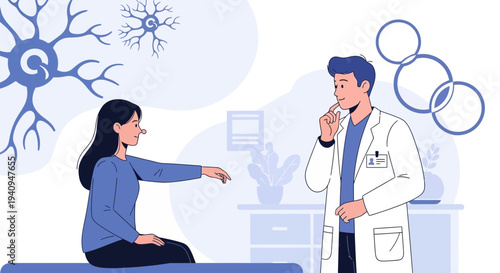 Doctor examines patient's neurological condition with brain scan graphics