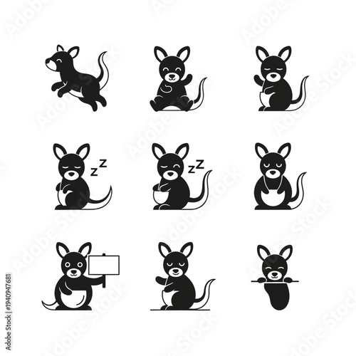 Kangaroo mascot logo collection in minimal flat silhouette style for playful children and nursery branding.