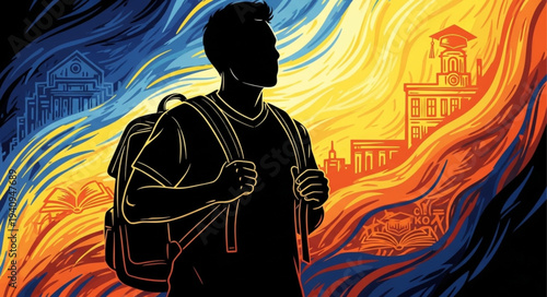 Young man with backpack looking towards educational buildings.