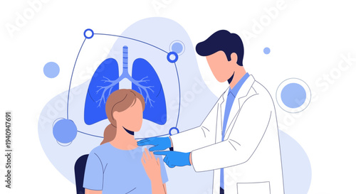 Doctor gives patient vaccine injection for lung health, medical check-up with lung illustration