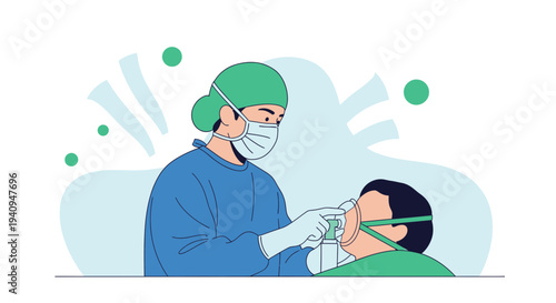 Doctor in surgical mask and scrubs applying oxygen mask to patient, medical care concept