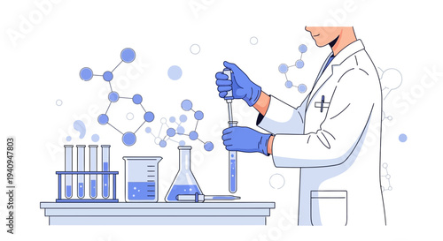 Scientist conducting experiment in laboratory with chemical molecules and test tubes