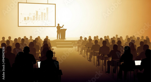 Speaker presenting on stage to an audience in a conference hall.