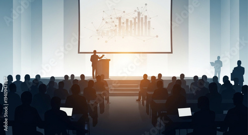 Speaker presenting on stage with projection screen and audience.
