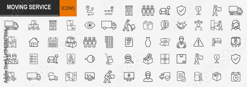 Moving service and home relocation icons set, outline symbols for professional packing shipping delivery furniture transport and logistics vector illustration