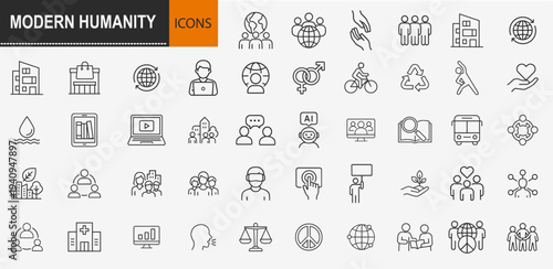 Modern humanity and social values icons set, outline symbols for community care human rights equality and environmental sustainability vector illustration