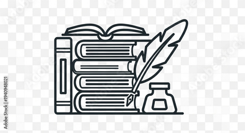 Stack of books with quill pen and inkwell illustration.