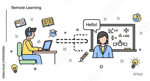 Student learning remotely with teacher online education.