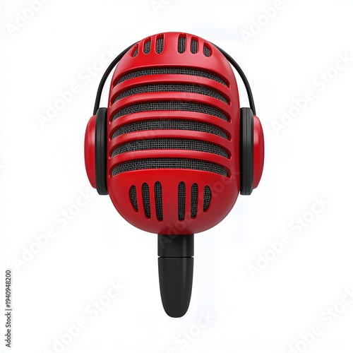 Red Retro Microphone with Headphones on White Background