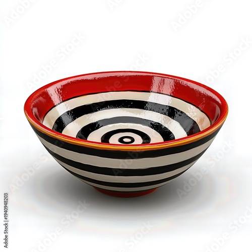 Red Rimmed Black and White Striped Ceramic Bowl