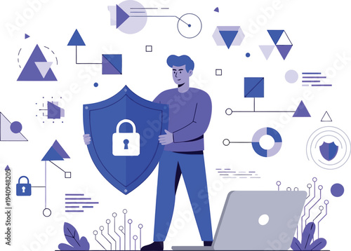 Cybersecurity Sentinel: A determined figure stands ready, safeguarding digital realms with a shield emblazoned with a secure lock, backed by the abstract visual cues of the online world. 