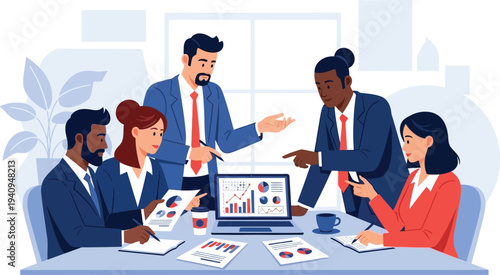 Team Dynamics in Focus: A business team engages in a collaborative discussion around a laptop displaying financial data, fostering strategic insights and progress. 