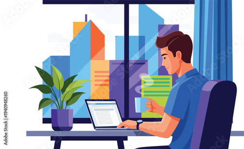 Modern Office Serenity: A man, engrossed in his work on a sleek laptop, sips coffee by a large window, enjoying a view of the cityscape, epitomizing the modern work environment.