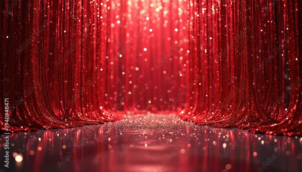 Obraz premium Shiny red sequined curtains hang and sparkle. Glitter spills onto the polished floor, creating a glamorous stage entrance. Lights twinkle like stars, inviting entry to a dazzling event.