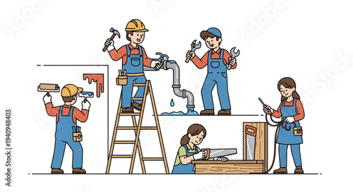 Team of construction workers performing various tasks on a building site.