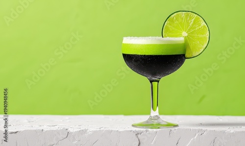 Sophisticated Layered Cocktail Black and Green Drink with Lime on Green Backdrop