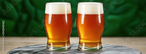 Two Refreshing Glasses of Golden Beer with Frothy Heads on Stone Coaster Against Green