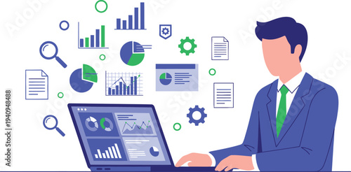 Data Analyst at Work: A dedicated analyst navigates complex data visualizations on a laptop, immersed in the pursuit of insights and strategic decision-making. 