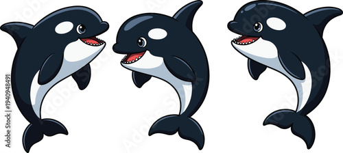 Cute cartoon killer whale orca character set jumping and smiling, playful marine animal mascot illustration isolated, ocean wildlife vector for kids design