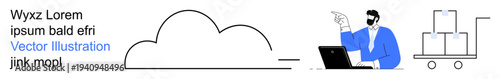 Cloud technology, logistics, online business, supply chain, e-commerce, digital storage. A person at a laptop with a cloud and cart of boxes. Cloud technology and logistics concept