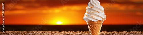 Vanilla Ice Cream Cone Against Vivid Orange Sunset and Golden Wheat Field Backdrop