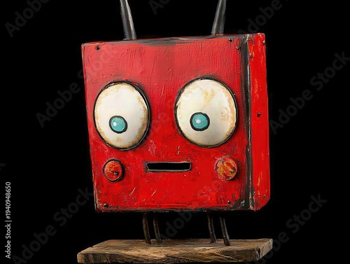 Whimsical Red Wooden Robot with Expressive Eyes