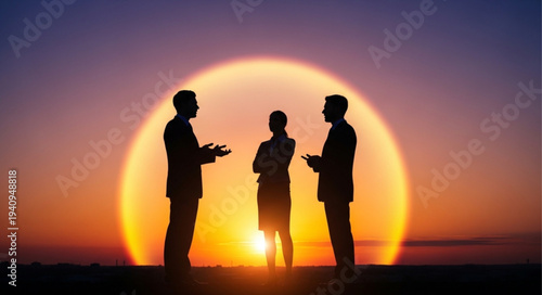 Three business people silhouettes talking at sunset.
