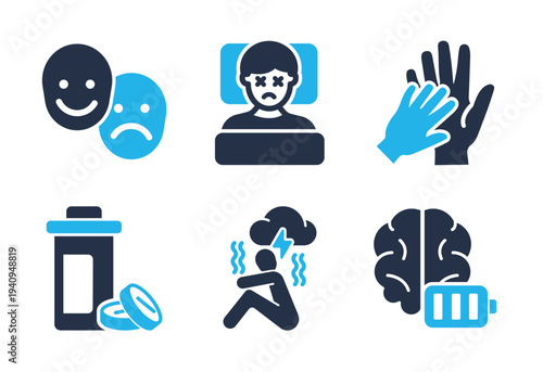Symptoms of Mental Disorders and Fatigue icon set. Solid glyph series icons