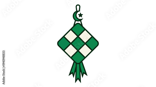 An illustration of a stylized green checkered pendant with tassel hanging from a loop, symbolizing cultural heritage