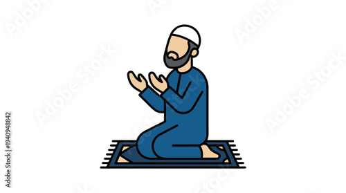 Man praying on a mat in a serene environment from a side viewpoint