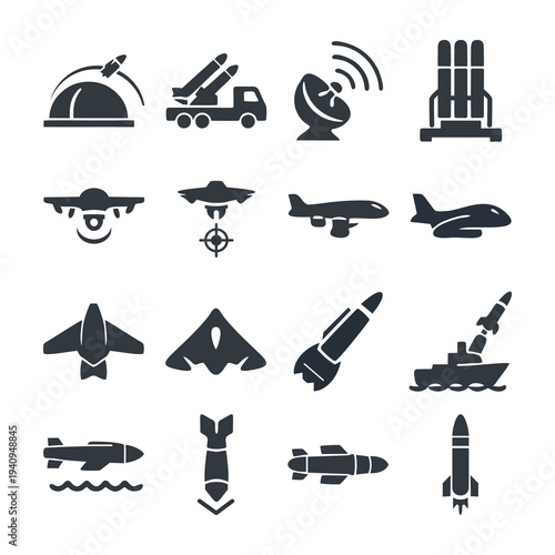 Collection of military weapons and aircraft silhouette icons including fighter jet, missile launcher, bomb and defense system.