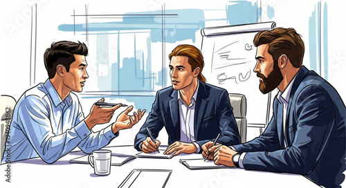 Three men in business suits collaborating in a meeting room.