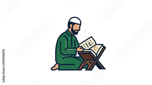 Man reading book on wooden lectern in contemplative pose, illustration, serene environment, close-up viewpoint