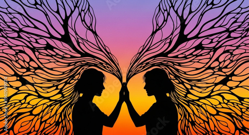 Two Silhouettes Connecting Through Abstract Tree Branches.