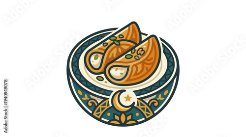 A decorative bowl with dumplings and sauce, a traditional meal, vector illustration