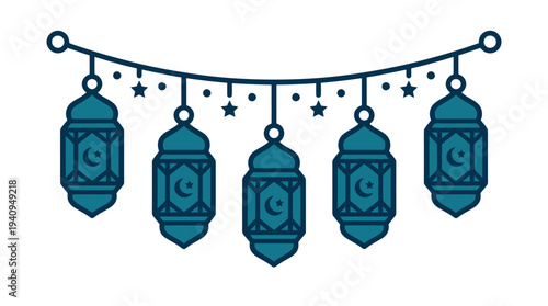 Five lanterns hanging from a string with stars, festive decoration, celebration, illustration, vector graphic