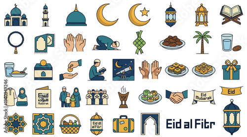 Collection of Islamic icons and symbols representing Eid al Fitr celebrations and traditions in a flat design style